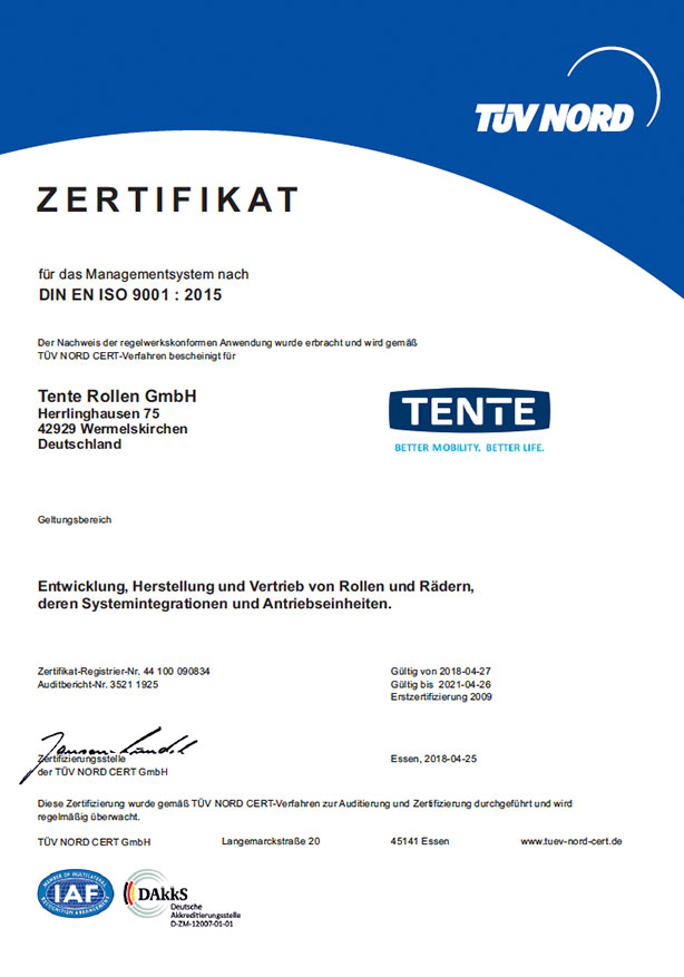 Certifikat ISO 9001 -
TENTE Rollen GmbH
